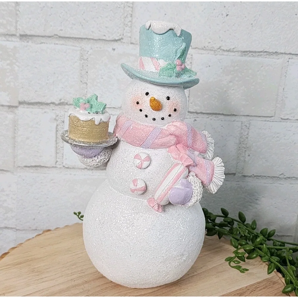 Snowman Sweet Candy Cake Christmas Village Figure Pastel Pink Blue Resin 8